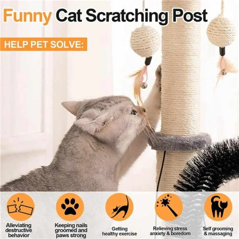 Cat Scratching Post with Self Groomer and Dangling Balls, Grey